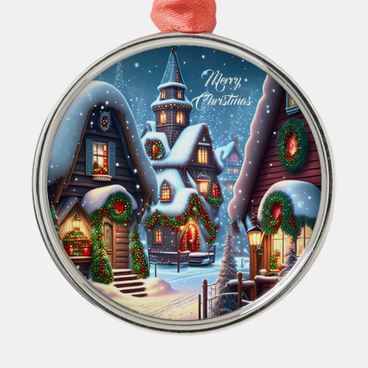 Charmant besneeuwd kerstdorp metalen ornament (Voorkant)