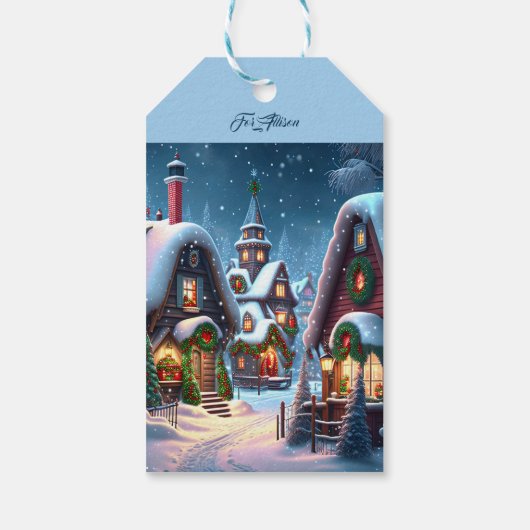 Charmant besneeuwd kerstdorp op maat cadeaulabel (Achterkant)