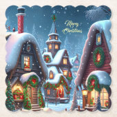 Charmant besneeuwd kerstdorp op maat kartonnen onderzetters (Voorkant)