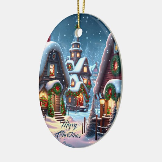 Charmant besneeuwd kerstdorp op maat keramisch ornament (Links)