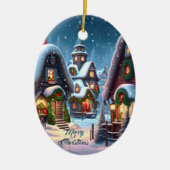 Charmant besneeuwd kerstdorp op maat keramisch ornament (Voorkant)