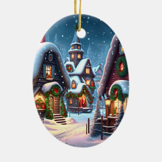 Charmant besneeuwd kerstdorp op maat keramisch ornament (Achterkant)