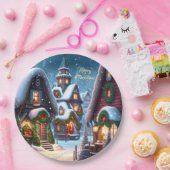 Charmant besneeuwd kerstdorp op maat papieren bordje (Feest)