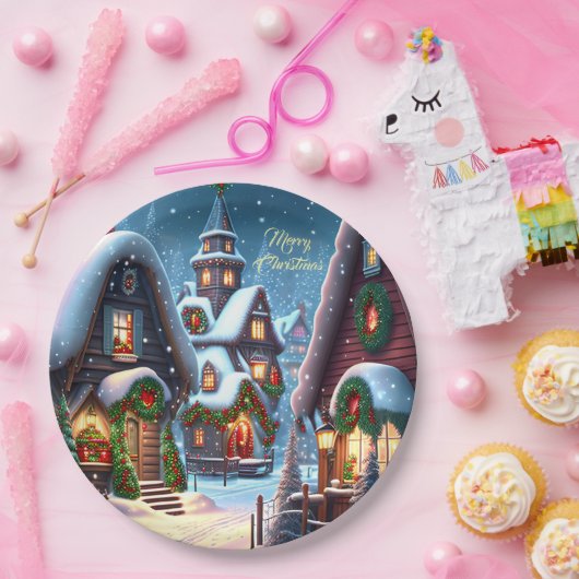 Charmant besneeuwd kerstdorp op maat papieren bordje (Feest)