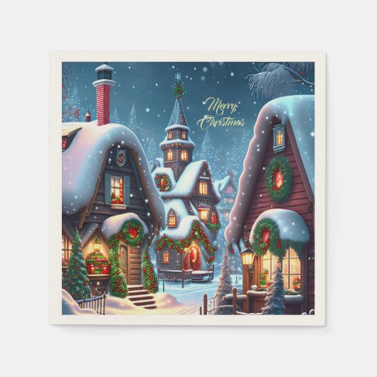 Charmant besneeuwd kerstdorp op maat servet (Voorkant)