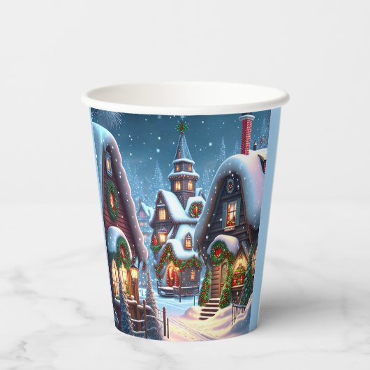 Charmant besneeuwd kerstdorp papieren bekers (Achterkant)