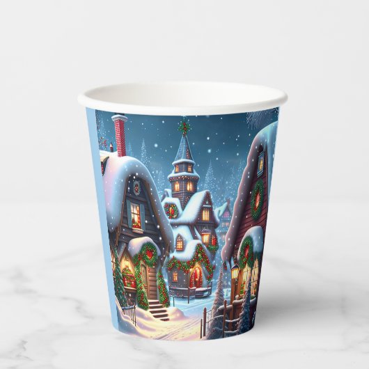 Charmant besneeuwd kerstdorp papieren bekers (Voorkant)