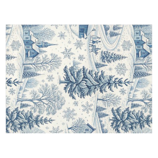 Charmant blauw wit winter kerst besneeuwd dorp tafelkleed (Voorkant (Horizontaal))