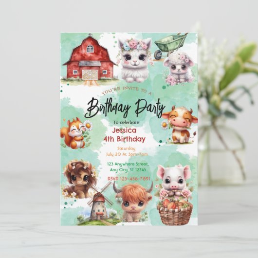 Charmant Boerderij Animal Birthday Party Uitnodigi Kaart (Staand voorkant)