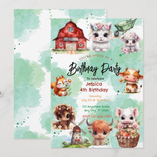 Charmant Boerderij Animal Birthday Party Uitnodigi Kaart (Voorkant / Achterkant)