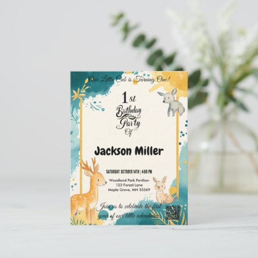 Charmant Bos Dier 1e verjaardag Uitnodiging (Staand voorkant)