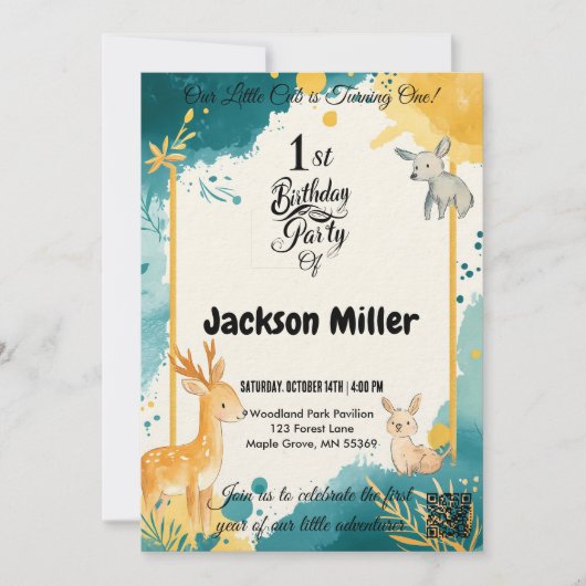 Charmant Bos Dier 1e verjaardag Uitnodiging (Voorkant)