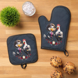 Charmant cartoon kip koppel. ovenwant & pannenlap set