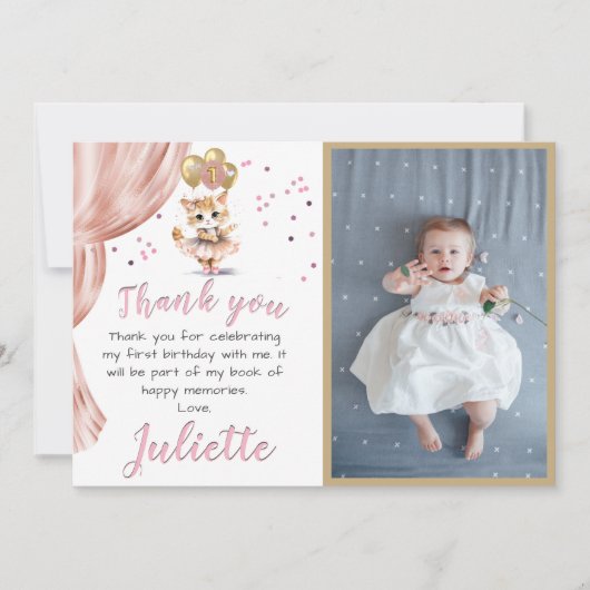 Charmant Dancing Cat Foto Eerste Verjaardag Meisje Bedankkaart (Voorkant)