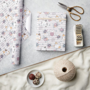 Charmant Floral Cat Wrapping Paper Cadeaupapier