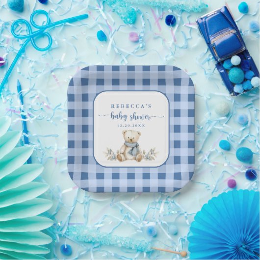 Charmant Gingham Plaid Teddy Bear Baby shower Papieren Bordje (Feest)