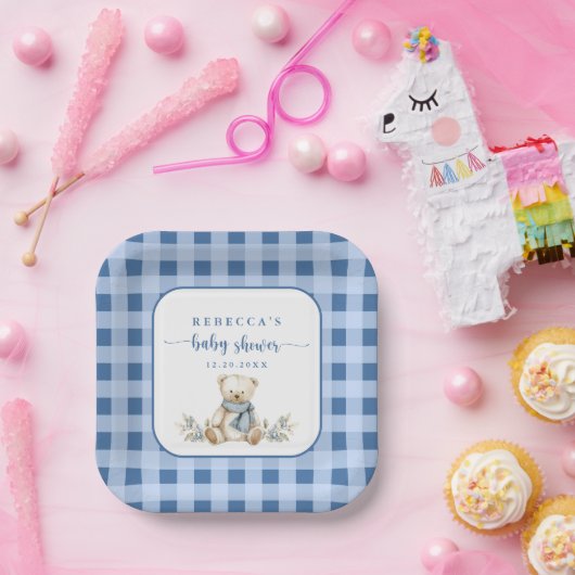 Charmant Gingham Plaid Teddy Bear Baby shower Papieren Bordje (Feest)