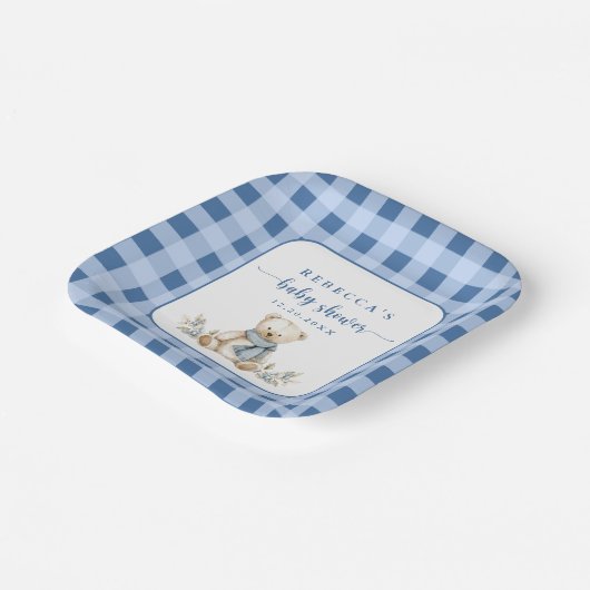 Charmant Gingham Plaid Teddy Bear Baby shower Papieren Bordje (Gebogen)