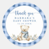 Charmant Gingham Teddy Bear Baby shower Bedankt Ronde Sticker (Voorkant)