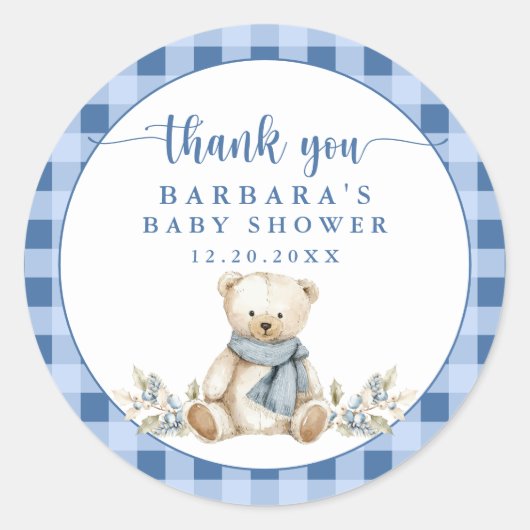 Charmant Gingham Teddy Bear Baby shower Bedankt Ronde Sticker (Voorkant)