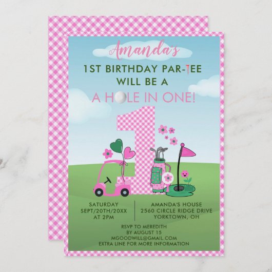Charmant Golf Roze Meisje 1e Verjaardag Par-T-shir Kaart (Voorkant / Achterkant)