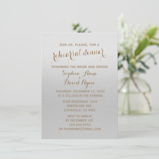 Charmant goud folie grijs huwelijksrepetie diner kaart (Staand voorkant)