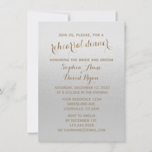 Charmant goud folie grijs huwelijksrepetie diner kaart (Voorkant)