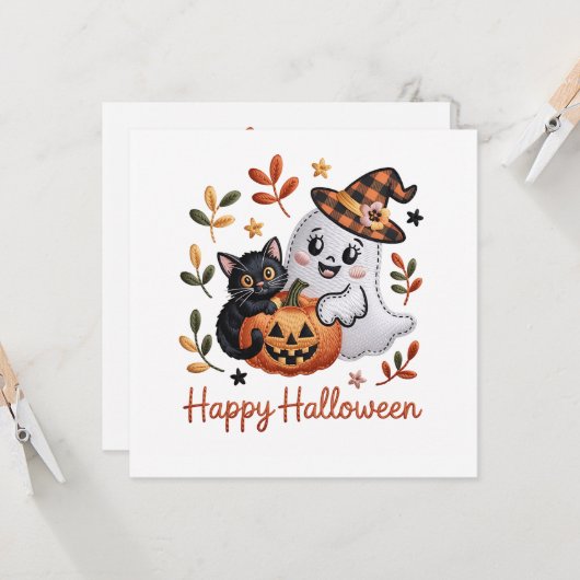 Charmant Halloween Wenskaart – handgetekende EMBR Kaart (Voorkant / Achterkant in situ)