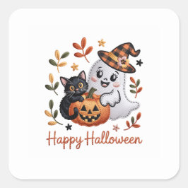 Charmant Halloween Wenskaart – handgetekende EMBR Vierkante Sticker