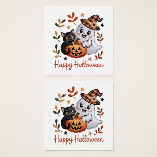 Charmant Halloween Wenskaart – handgetekende EMBR Vierkante Visitekaartjes (Voorkant /achterkant)