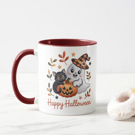 Charmant Halloween Wenskaart - Handgetekende Mok (Met donut)