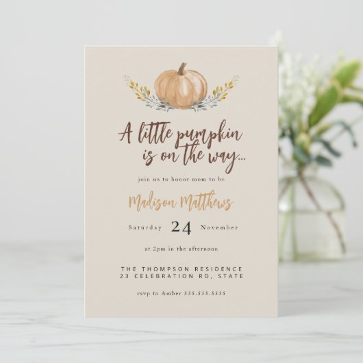 Charmant Herfst 'kleine pompoen' Baby shower Kaart (Staand voorkant)