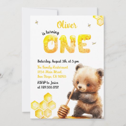 Charmant Honinggeel Schattige Beer Eerste Verjaard Kaart (Voorkant)
