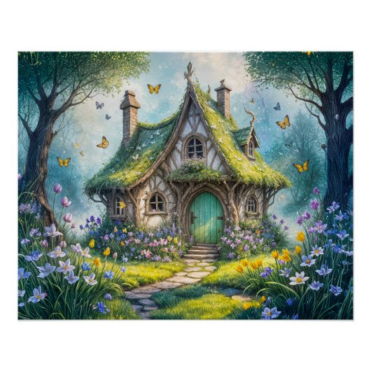 Charmant huisje met krokusbloemen perfect poster (Voorkant)