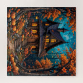 Charmant huisje met pompoenen in een herfstbos legpuzzel (Horizontaal)