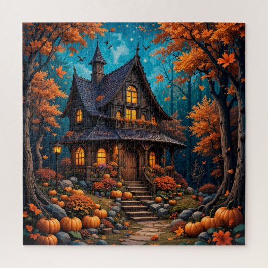 Charmant huisje met pompoenen in een herfstbos legpuzzel (Verticaal)
