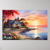 Charmant huisje zeegezicht rustige zonsondergang poster (Voorkant)