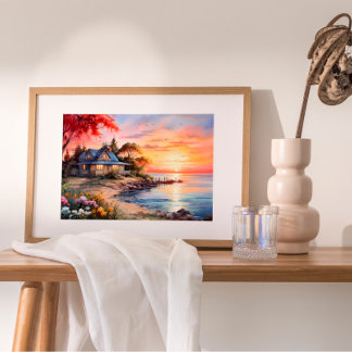 Charmant huisje zeegezicht rustige zonsondergang poster