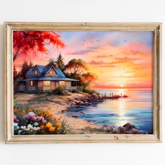 Charmant huisje zeegezicht rustige zonsondergang poster