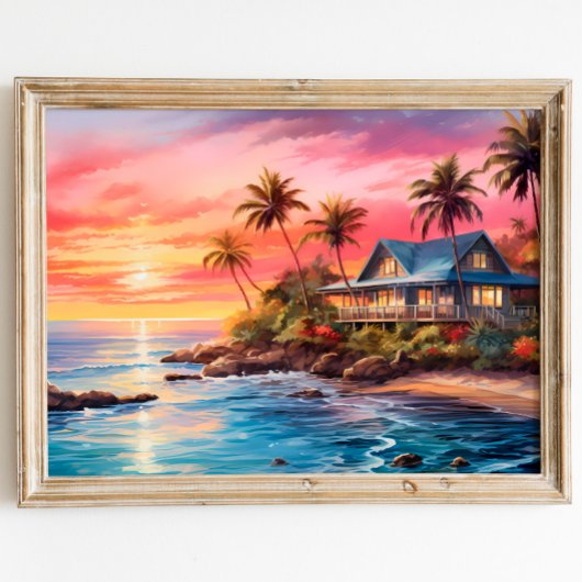 Charmant huisje zeegezicht rustige zonsondergang poster