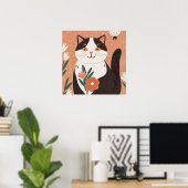 Charmant Kat met bloemen Poster (Thuiskantoor)
