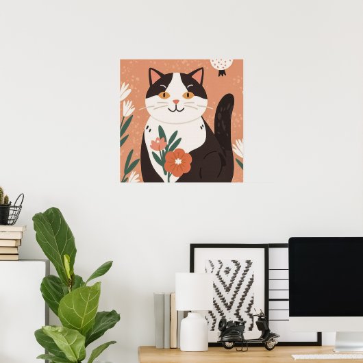 Charmant Kat met bloemen Poster (Thuiskantoor)