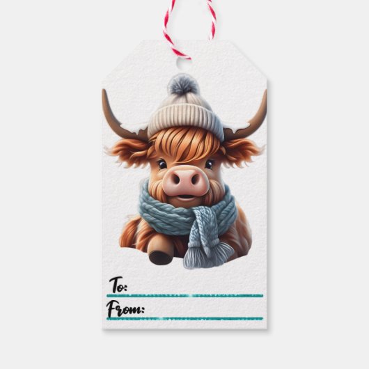 Charmant kerst label met een gezellige koe cadeaulabel (Achterkant)