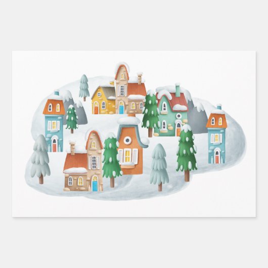 Charmant kerstdorp herbergt bomen sneeuw inpakpapier vel (Voorkant 2)