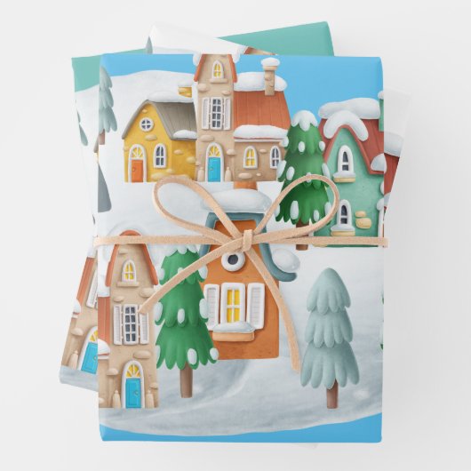 Charmant kerstdorp herbergt bomen sneeuw inpakpapier vel (In situ)