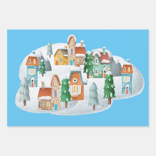 Charmant kerstdorp herbergt bomen sneeuw inpakpapier vel (Voorkant)