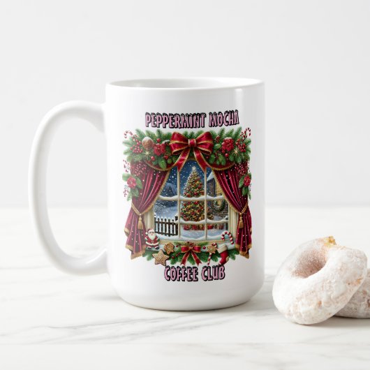 Charmant kerstvenster met feestelijke decoraties koffiemok (Met donut)