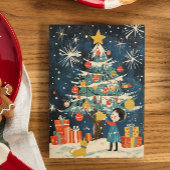 Charmant kind versieren kerstboom hond feestdagenkaart