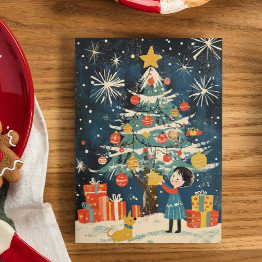 Charmant kind versieren kerstboom hond feestdagenkaart