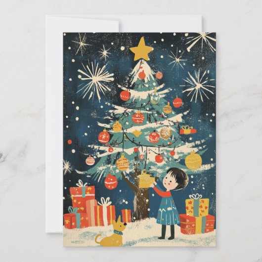 Charmant kind versieren kerstboom hond feestdagenkaart (Voorkant)